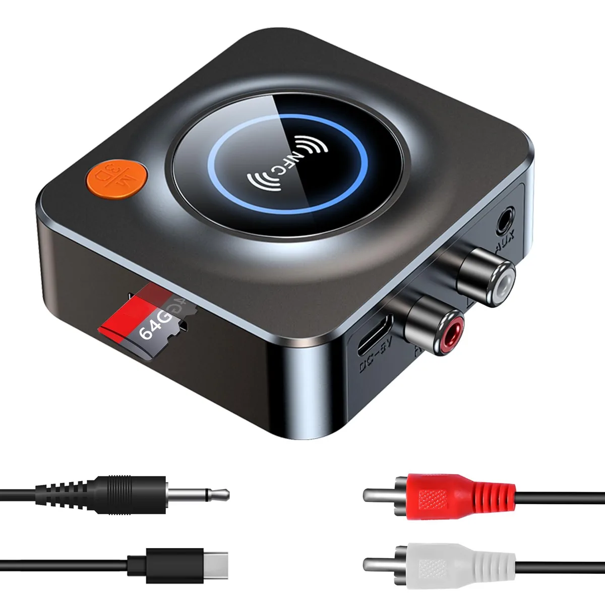 Small black Bluetooth receiver box 2.68 x 2.44 x .8 in with RCA and 3.5 mm jacks