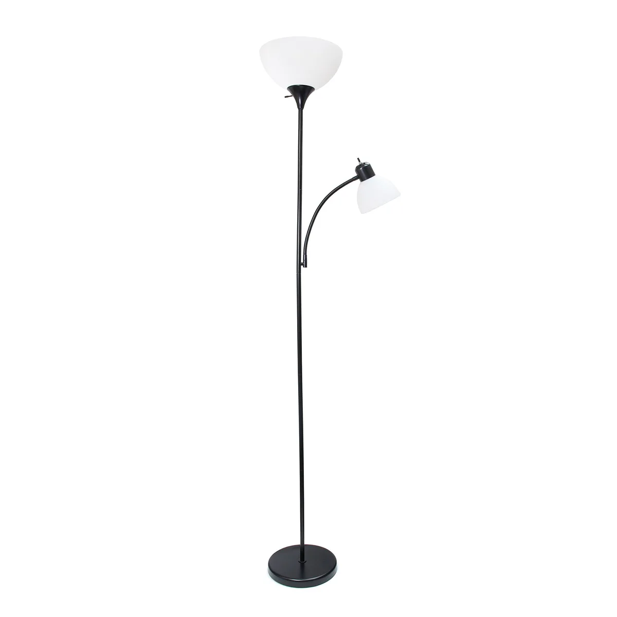 Black floor lamp with upward torchiere shade and adjustable reading arm on painted metal pole