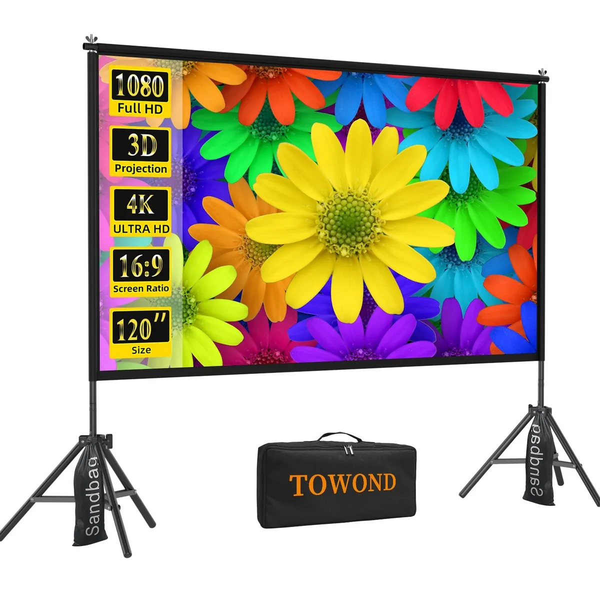  TOWOND 120 inch Projector Screen with Stand Indoor 16:9 4K HD — product photo
