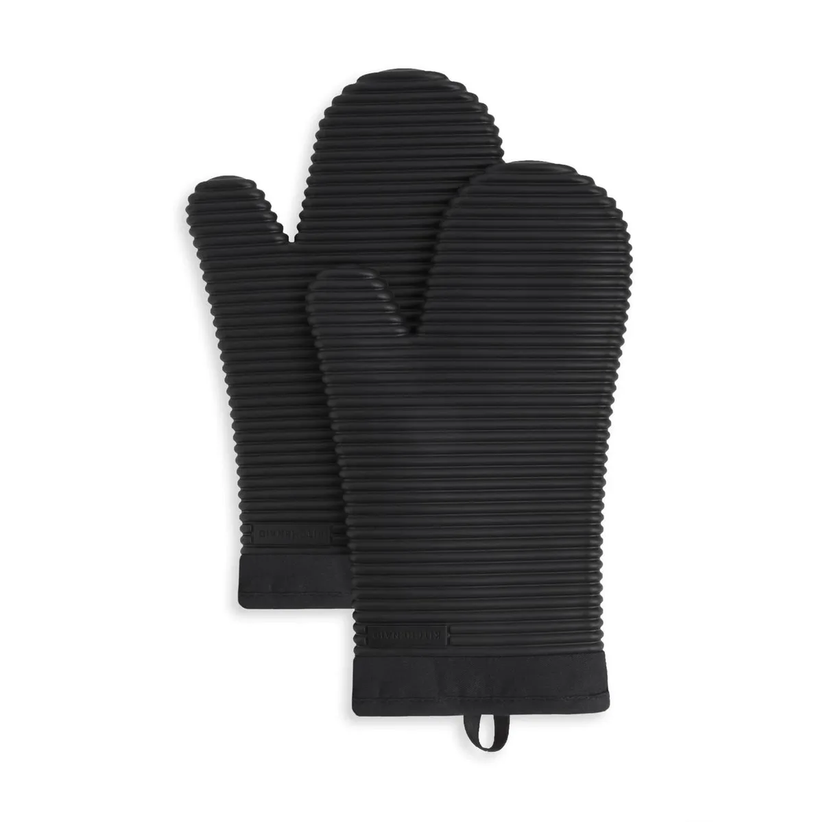 Two matte black ribbed silicone oven mitts with cotton cuffs, each 7.5 by 13 inches