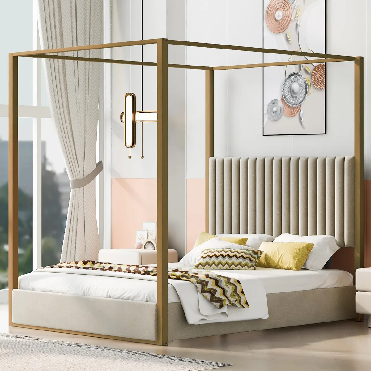Beige upholstered queen canopy bed with metal frame and padded headboard