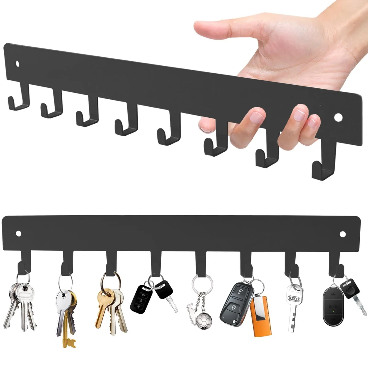 Grey metal key holder with eight right-angled hooks, self-adhesive strip on back