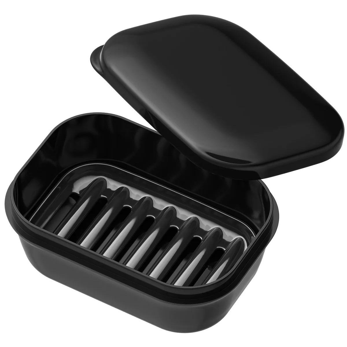 Black rectangular soap dish with lid and internal draining tray, closed position, smooth matte finish