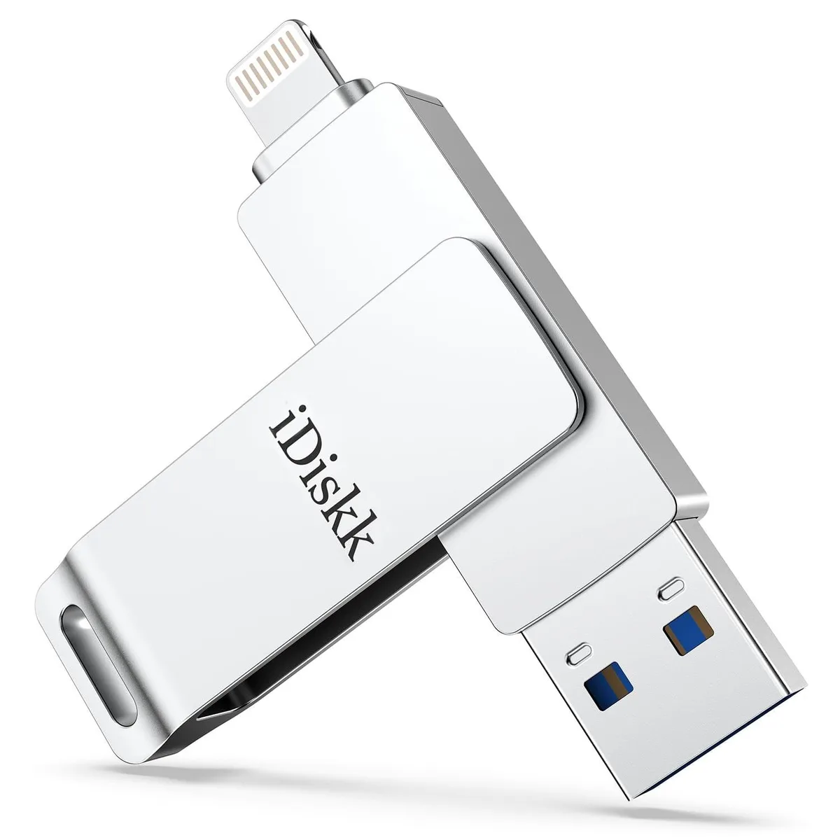 iDiskk 256GB Lightning USB flash drive, silver rectangular body with dual connectors