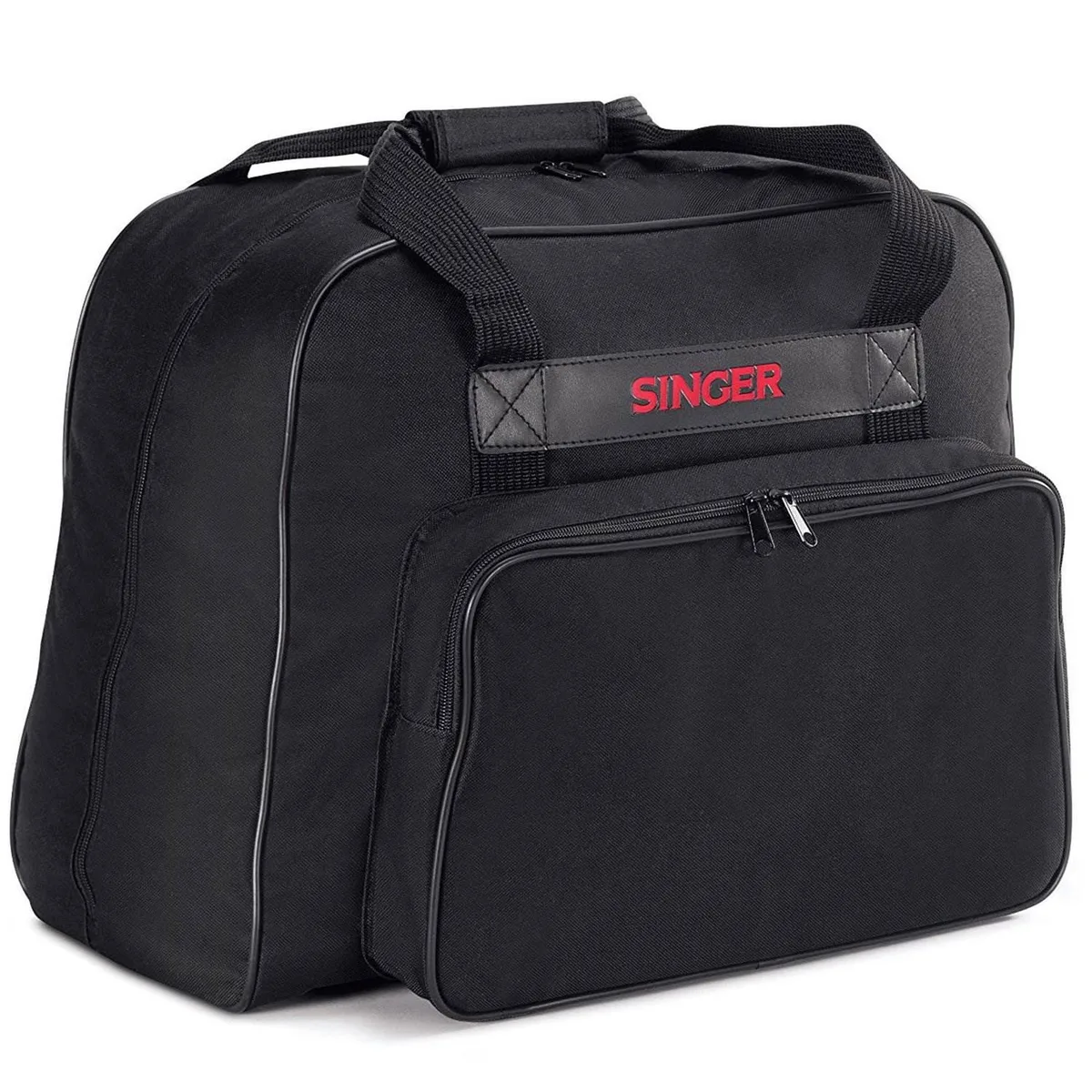 Black soft-sided Singer sewing machine tote with zip pocket and hard plastic base
