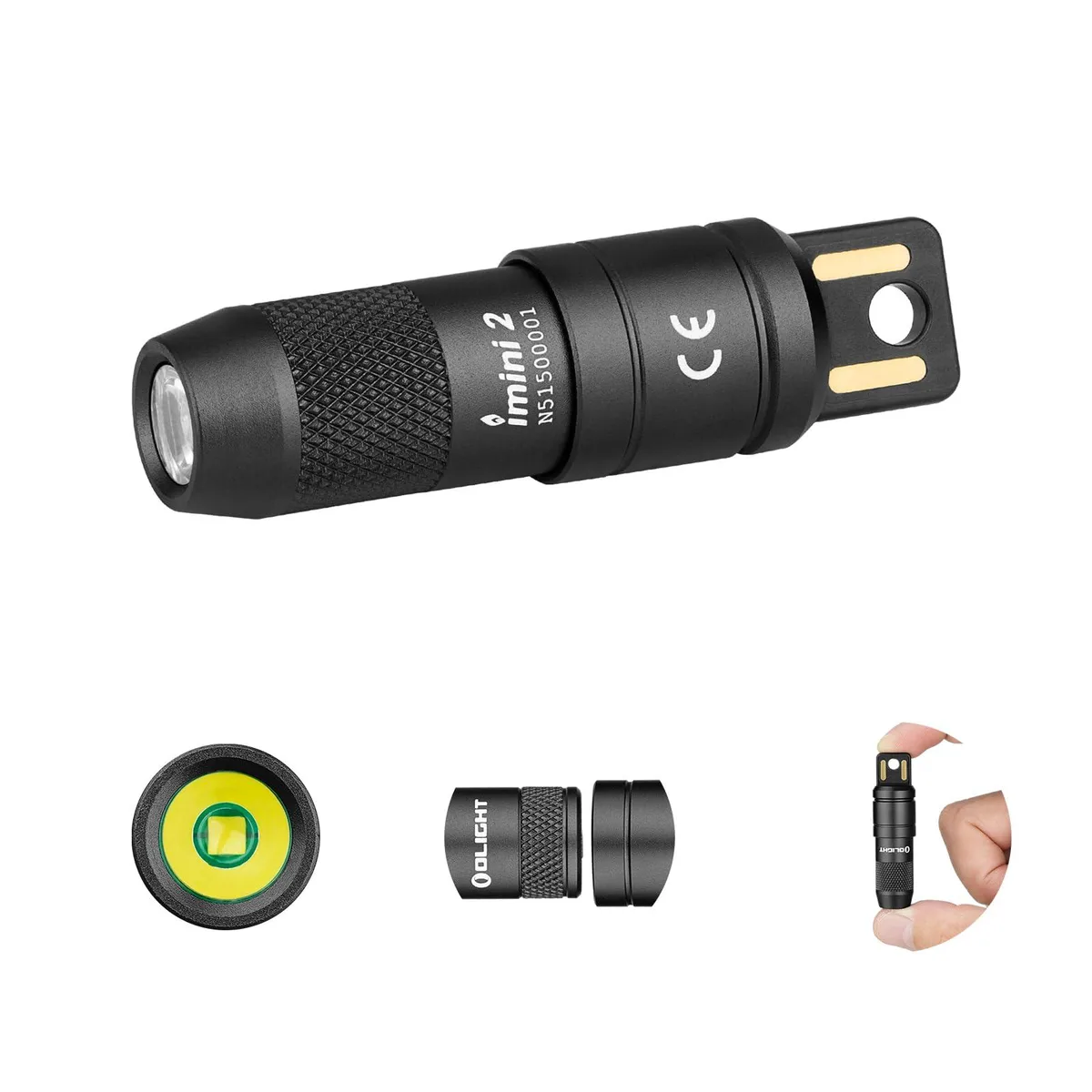 Black aluminium key-ring flashlight with integrated USB plug and magnetic cap
