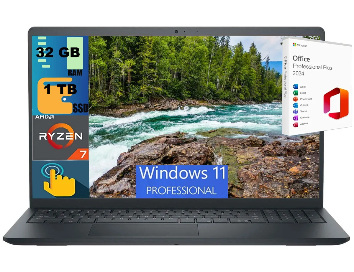 DELL DELL Inspiron 15 laptop Ryzen 7 7730U 32GB 1TB SSD 15.6" FHD touchscreen — product photo