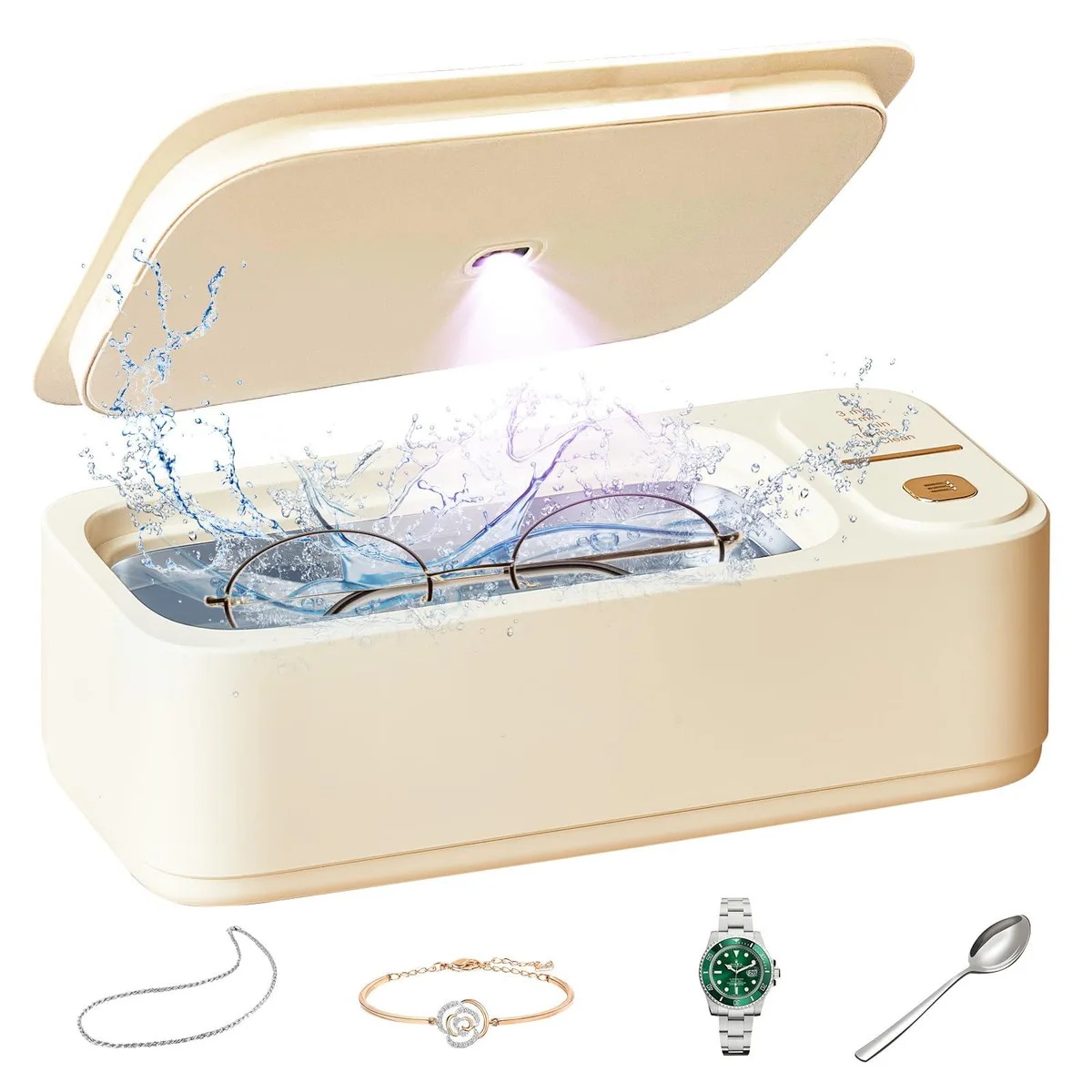 White ultrasonic cleaner unit with stainless steel tank and lid, rectangular shape, compact countertop size