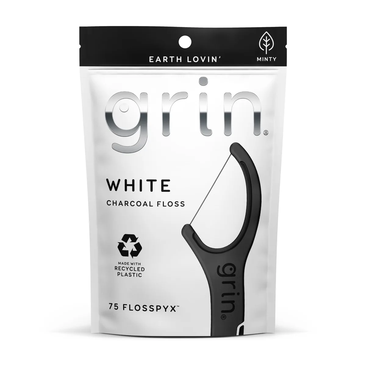 White box holding 75 mint charcoal flossers made from recycled plastic