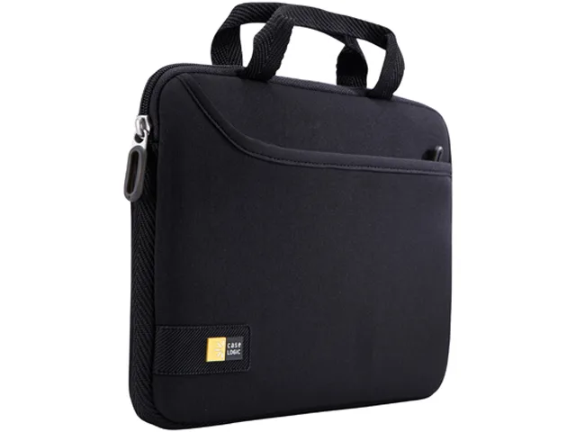Black rectangular attaché case with padded handles and front zip pocket