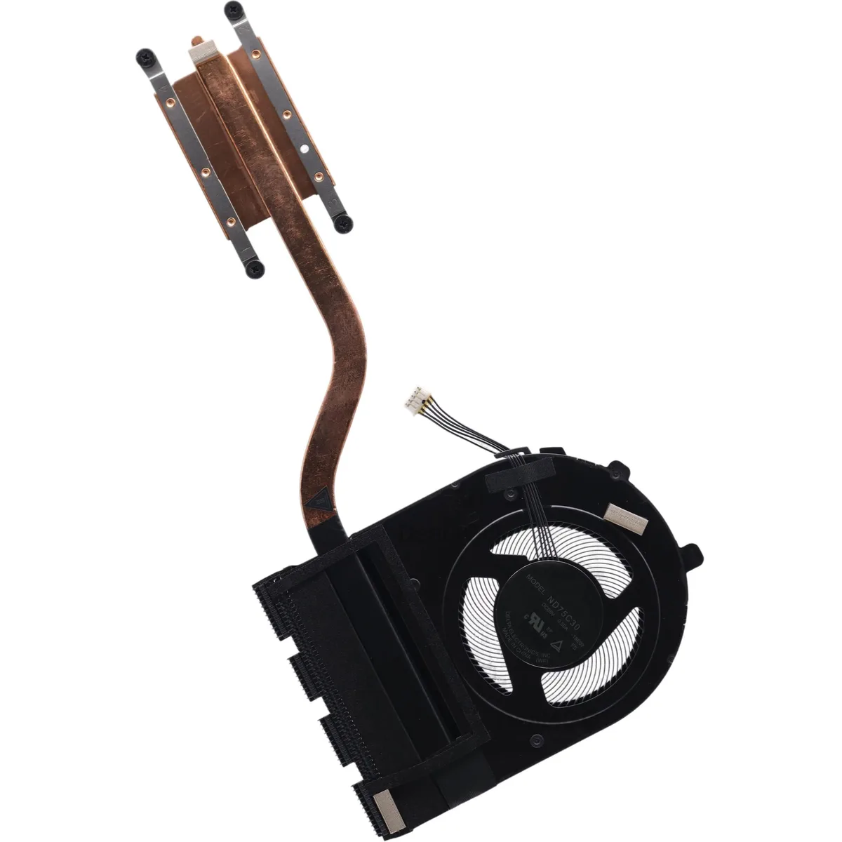 Rectangular copper heatsink with black fan and five-wire connector