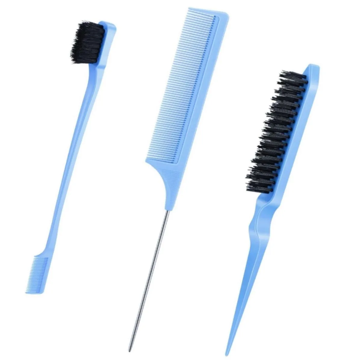 Blue three-piece hair styling set with bristle brush rat-tail comb and edge brush on pink handles