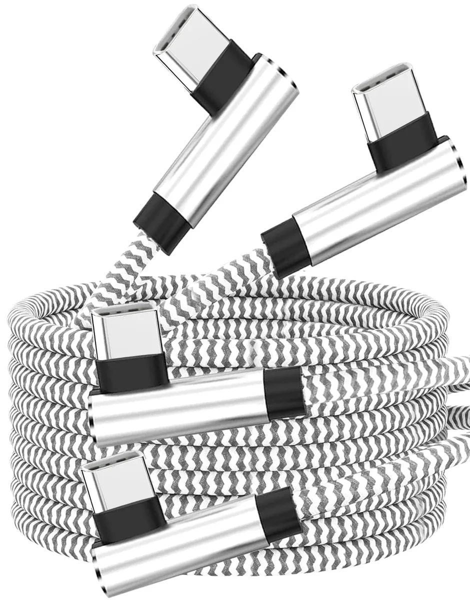 Two silver braided USB-C cables with right-angle connectors lying coiled