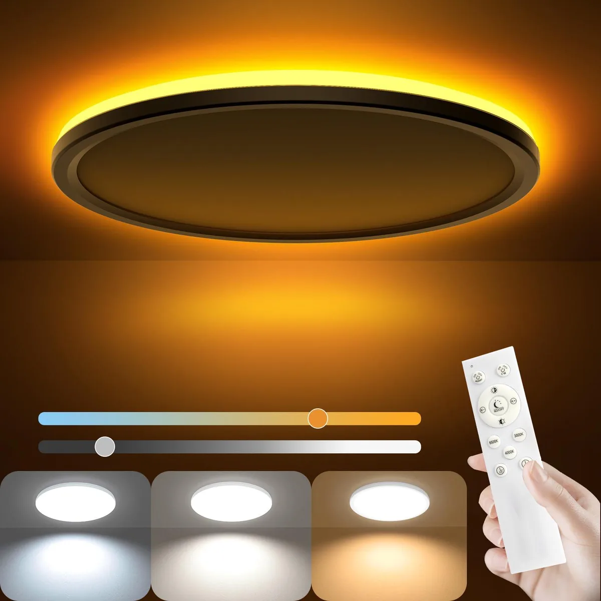 White 12 inch round flush-mount ceiling light with clear prismatic acrylic shade and remote control