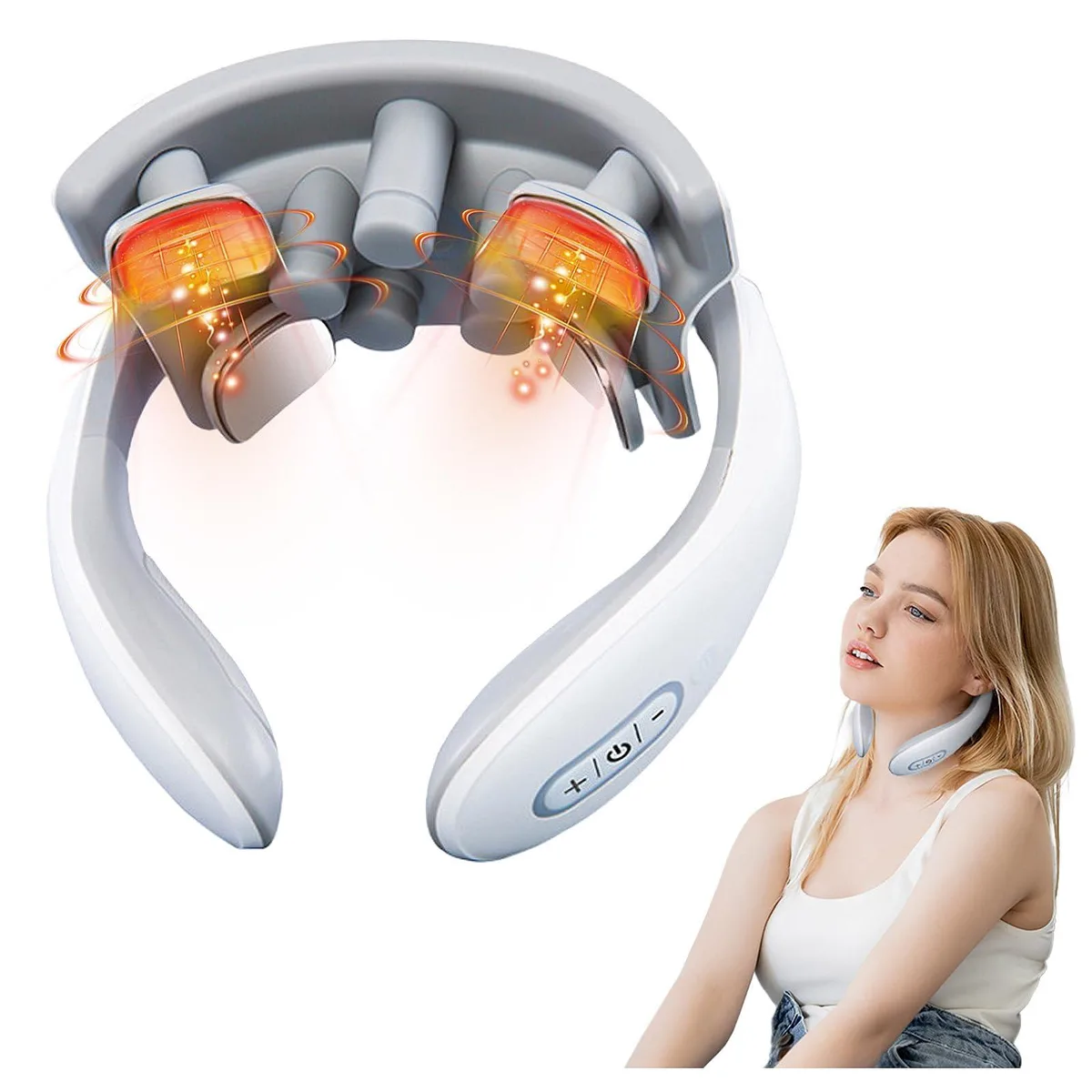 Blue wrap-around neck massager with heat function