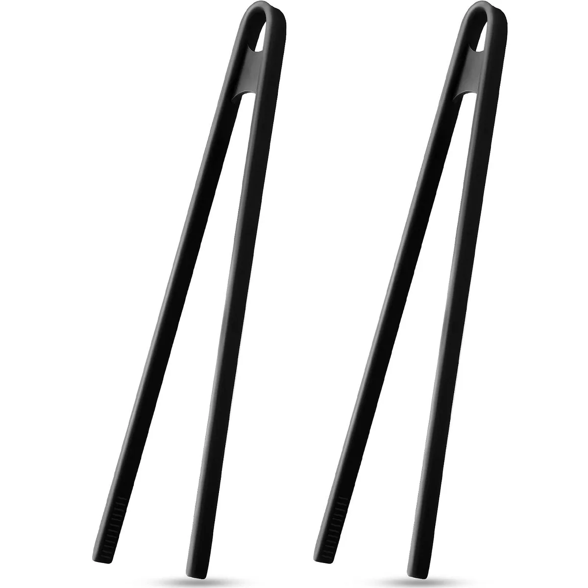 Two black silicone tongs, 11.8 inches long, smooth one-piece design with tapered tips