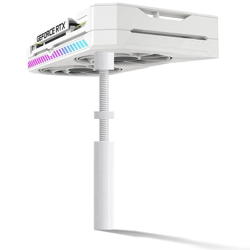 White magnetic GPU support bracket with silicone pads, adjustable height 74120mm, steel construction, 2.5x9.5x10.6cm
