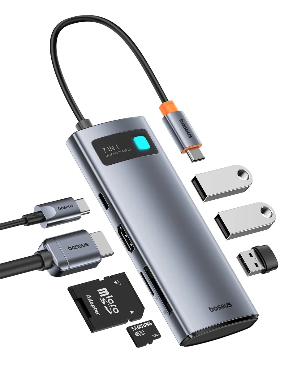 White rectangular USB-C hub with HDMI, three USB-A, SD and TF slots, PD port