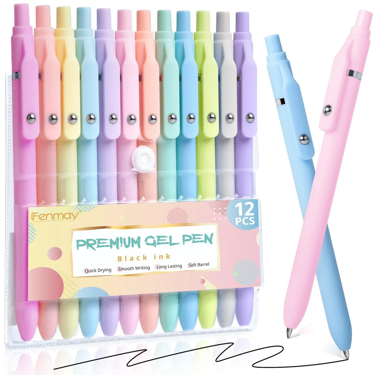 Twelve blue retractable gel pens with leather finish and fine point tips