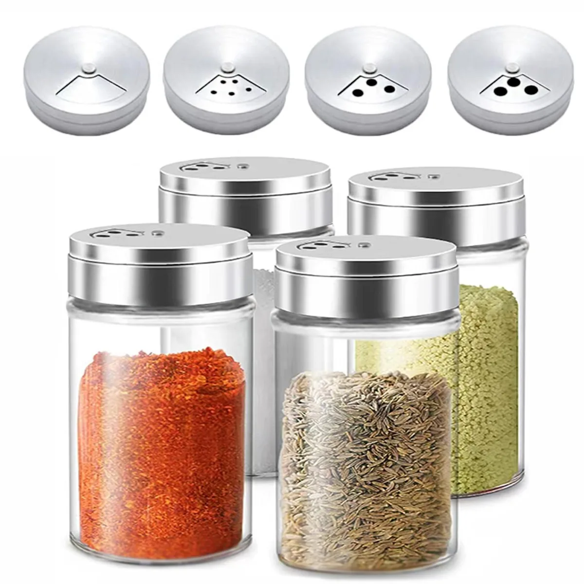 Four clear glass cylindrical shakers with stainless steel lids, each 100 ml capacity