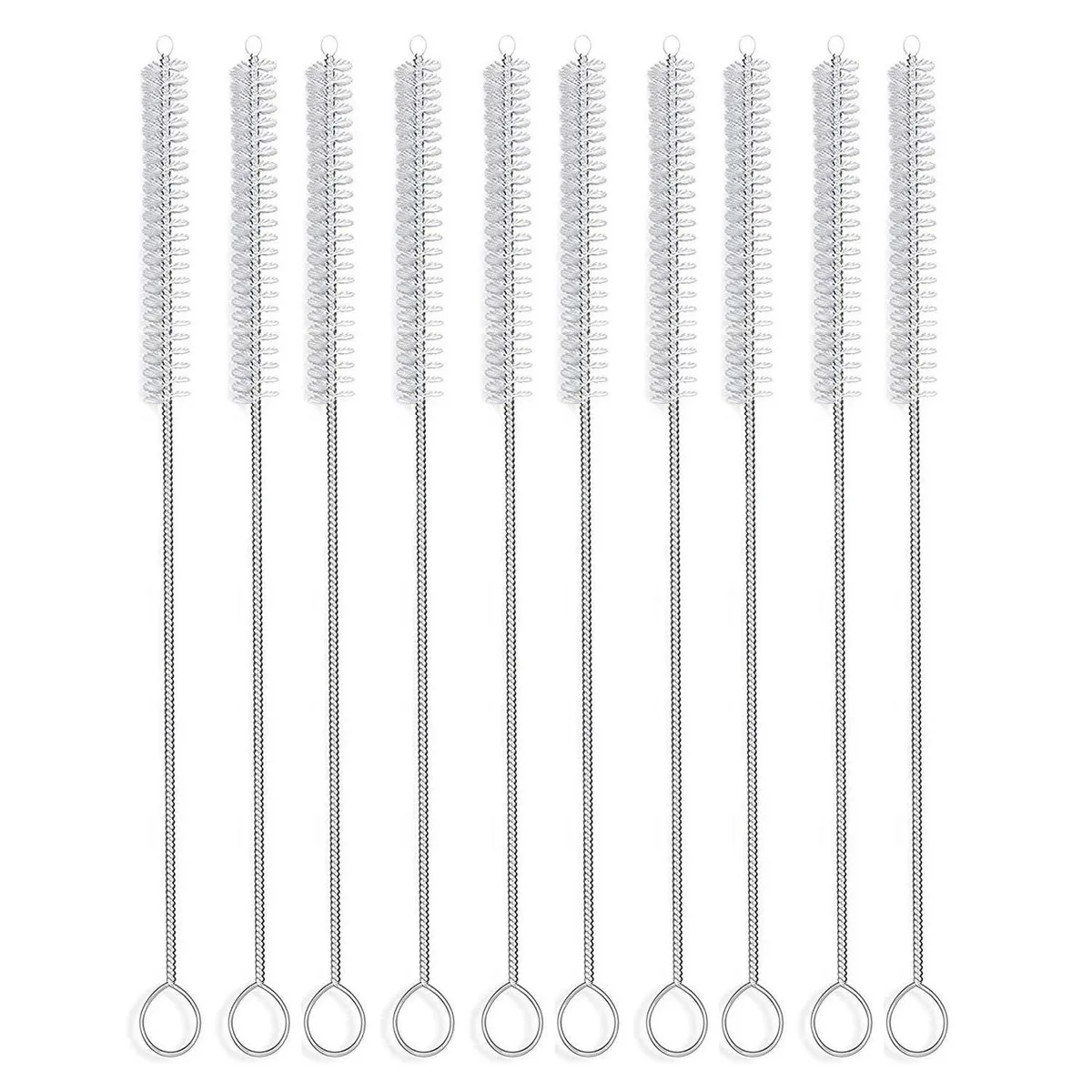 Ten flexible nylon tube brushes with stainless steel wire cores and 0.4-inch bristle heads, 10 inches long