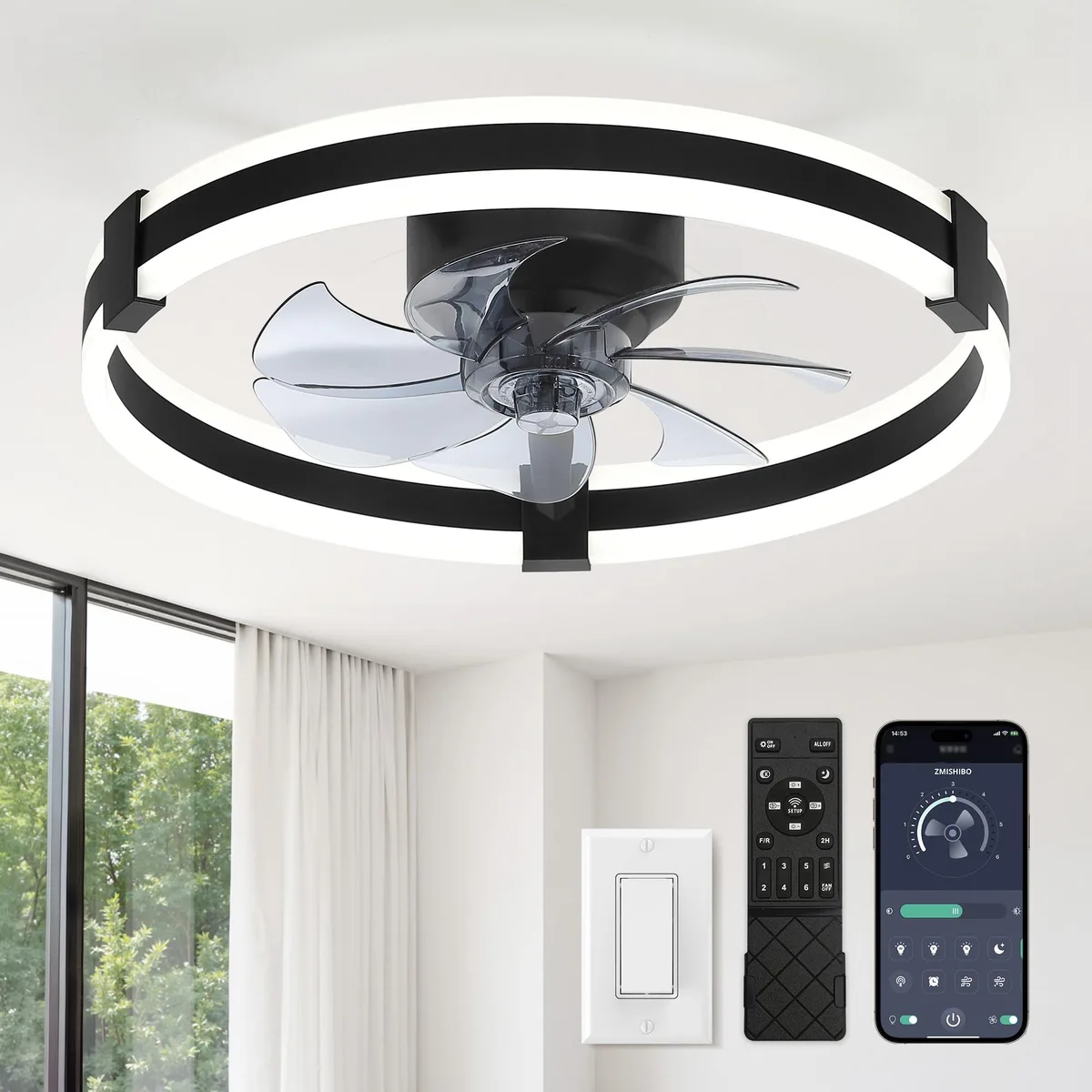 Black flush-mount ceiling fan with alabaster swirl glass and black blades, 20 inch diameter
