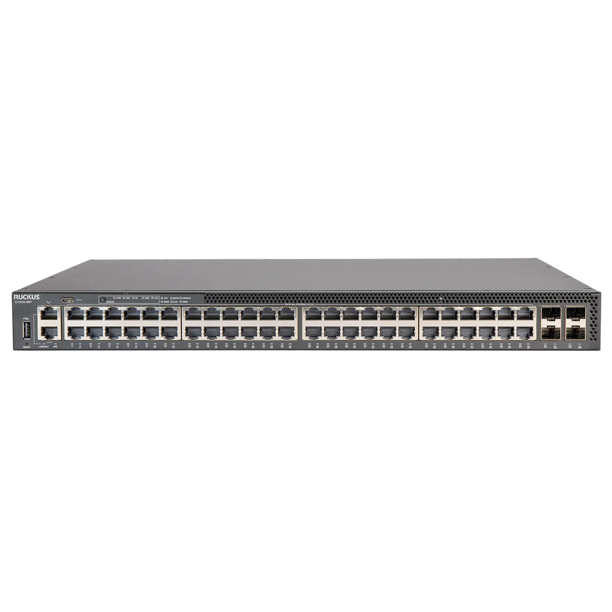 RUCKUS WIRELESS RUCKUS WIRELESS ICX8200-48PF 48-port PoE+ switch with 4×25 GbE SFP28 — product photo