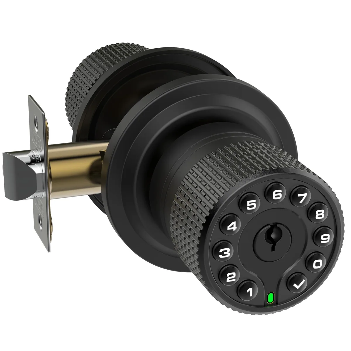 Matte black keypad door lock with numeric keypad and key cylinder