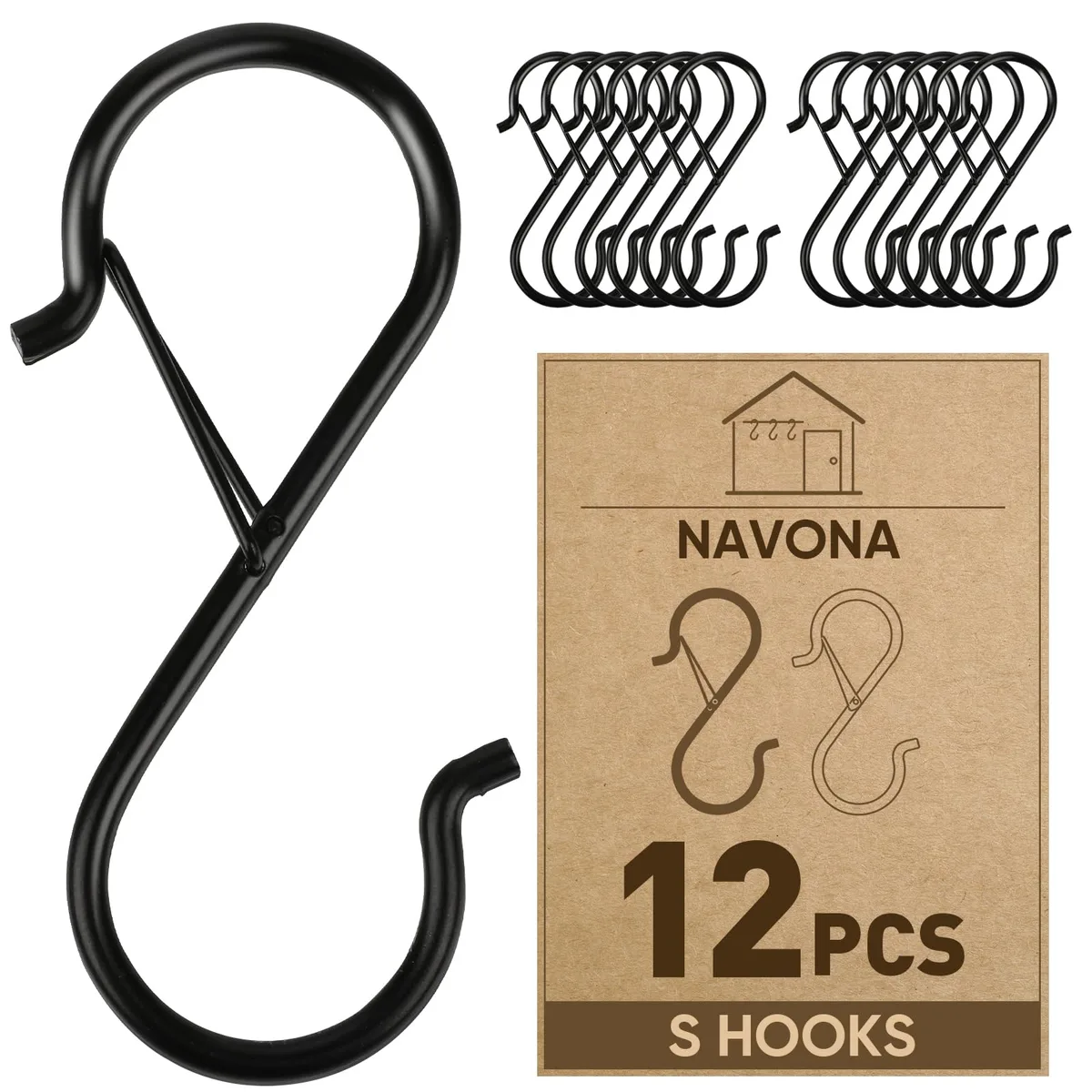 Twelve silver metal S hooks with safety buckles, 3.55 inch length