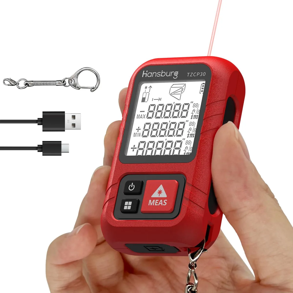 Hansburg Laser Measurement Tool 98 Ft 30m 8-in-1 IP65 Rechargeable — product photo