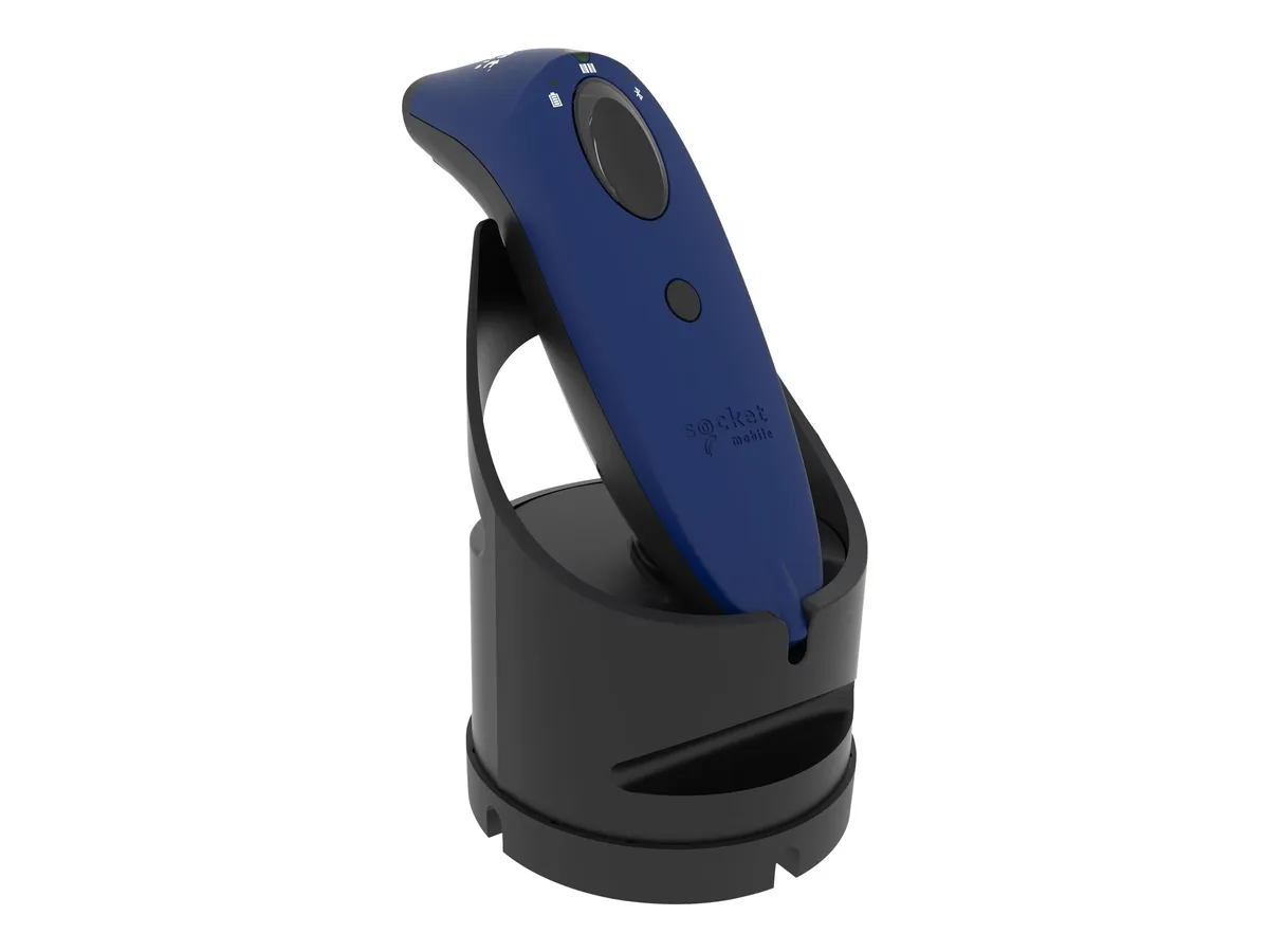 Blue and black handheld barcode scanner with charging dock