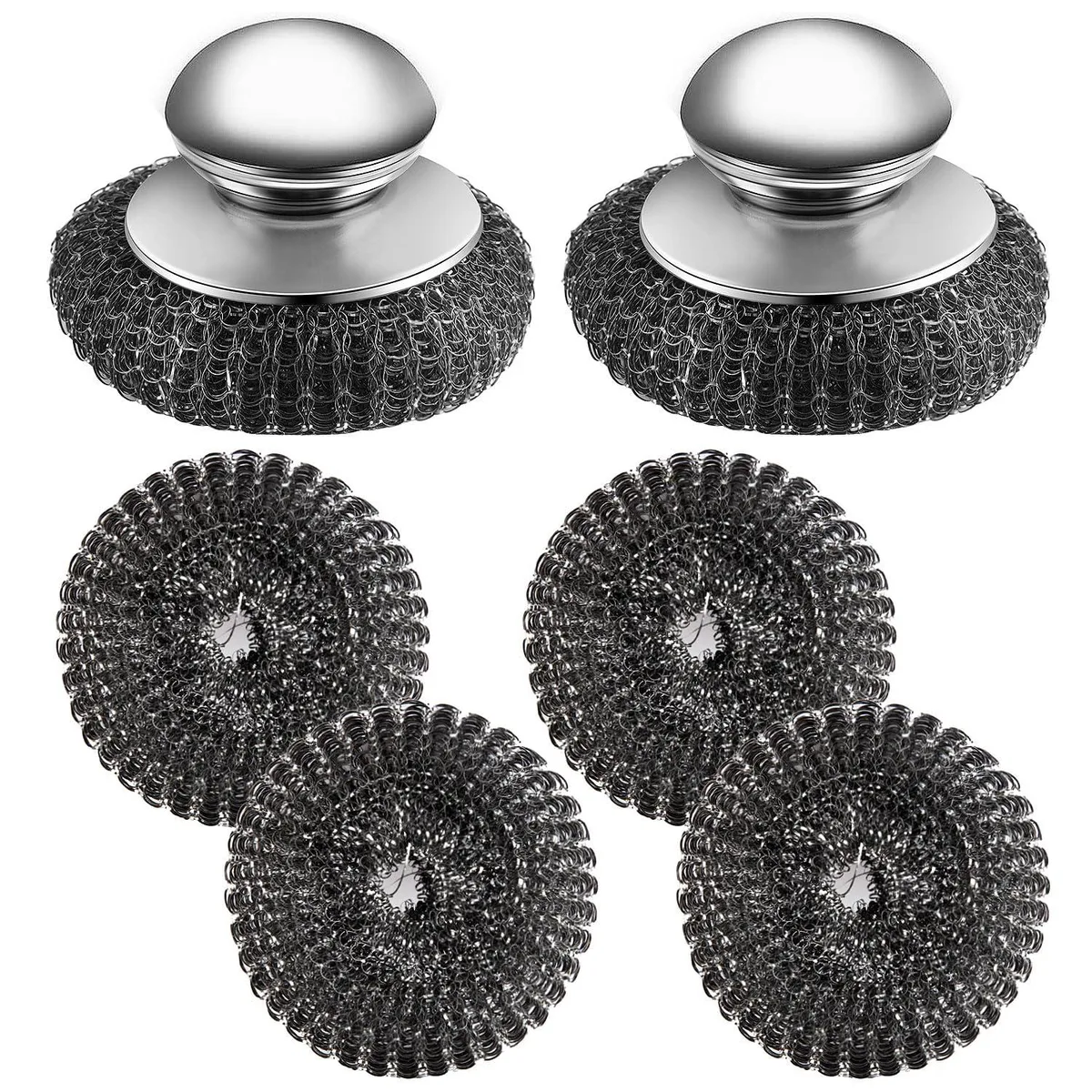 Two stainless steel scrubbers with handles and four replacement pads, silver finish
