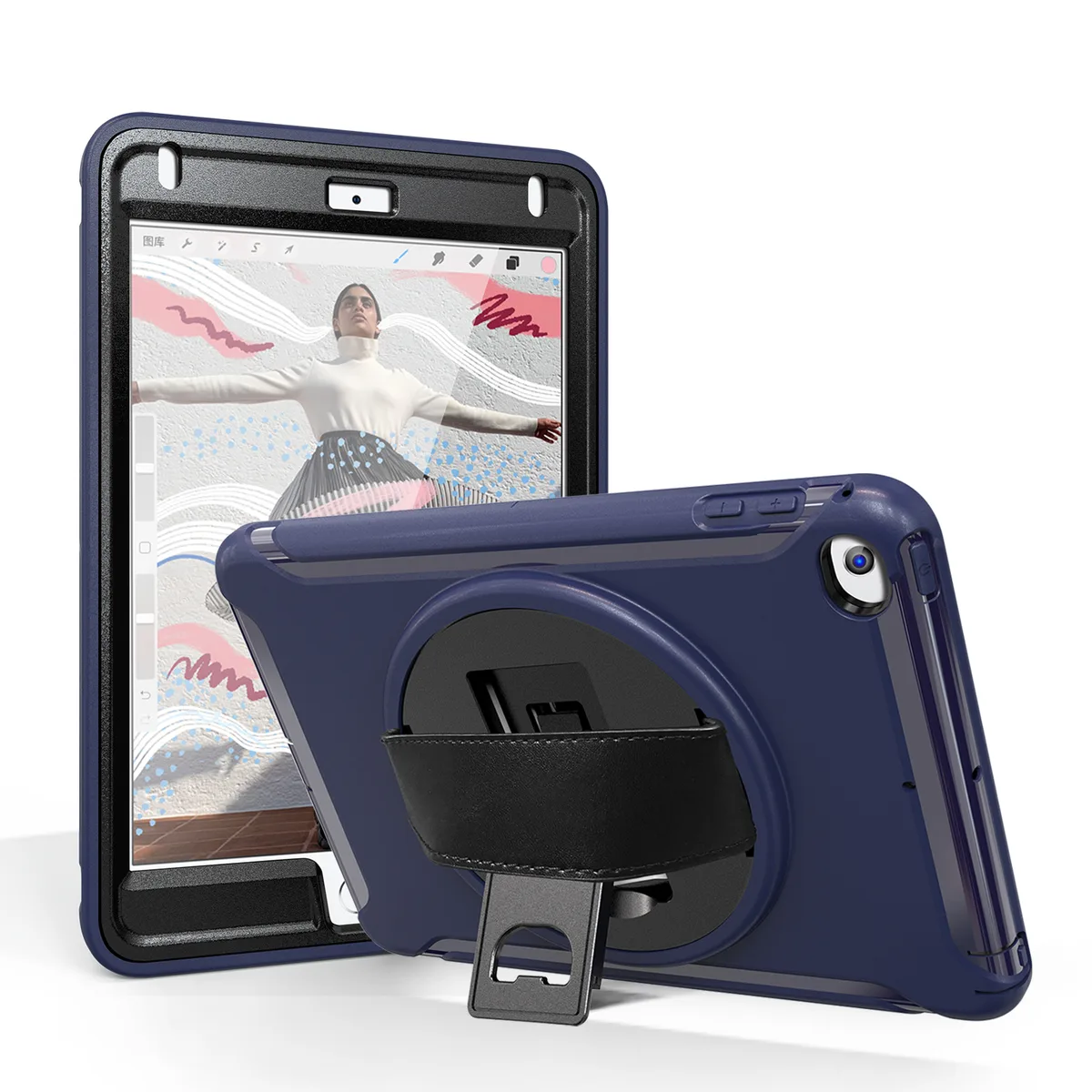 Blue rugged iPad Mini case with rotating kickstand and hand strap
