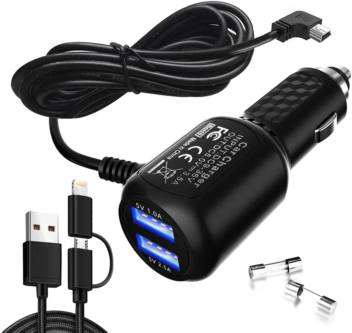  Plozoe R001 Dual USB Car Charger with Mini USB Cable 6.5ft 3.4A — product photo
