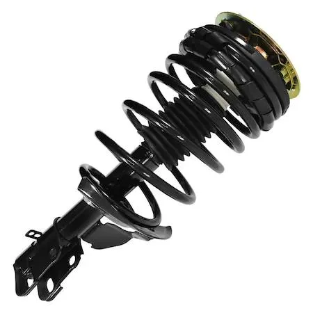 Silver metal front strut assembly with coil spring and top mount visible