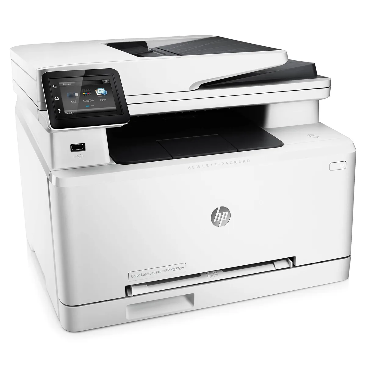 White rectangular multifunction laser printer with flat top scanner, touchscreen control panel and front paper tray