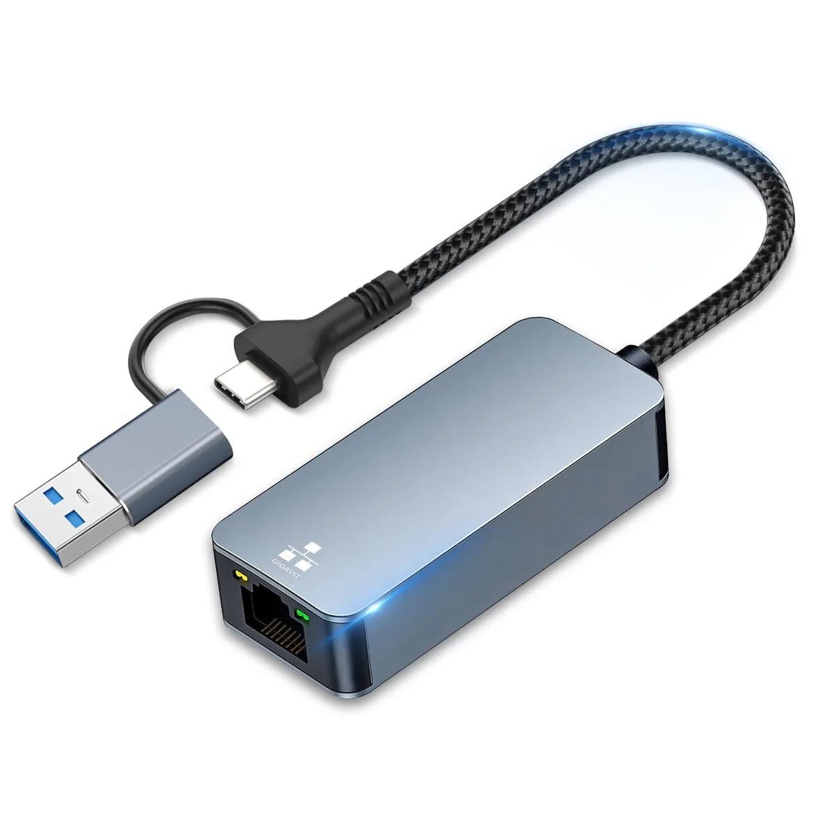 Compact aluminium dongle with braided cable, USB-C plug, RJ45 port and USB-A 3.0 port