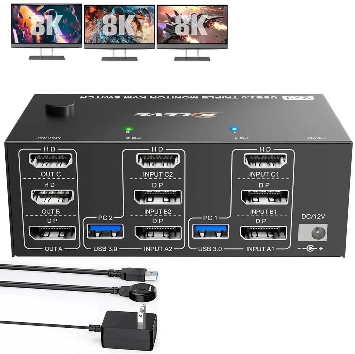 Vszerda Vszerda 2 PC 3 Monitor KVM Switch HDMI 2.1 DP 1.4 8K@60Hz 4K@144Hz 4 USB 3.0 Wired Remote — product photo