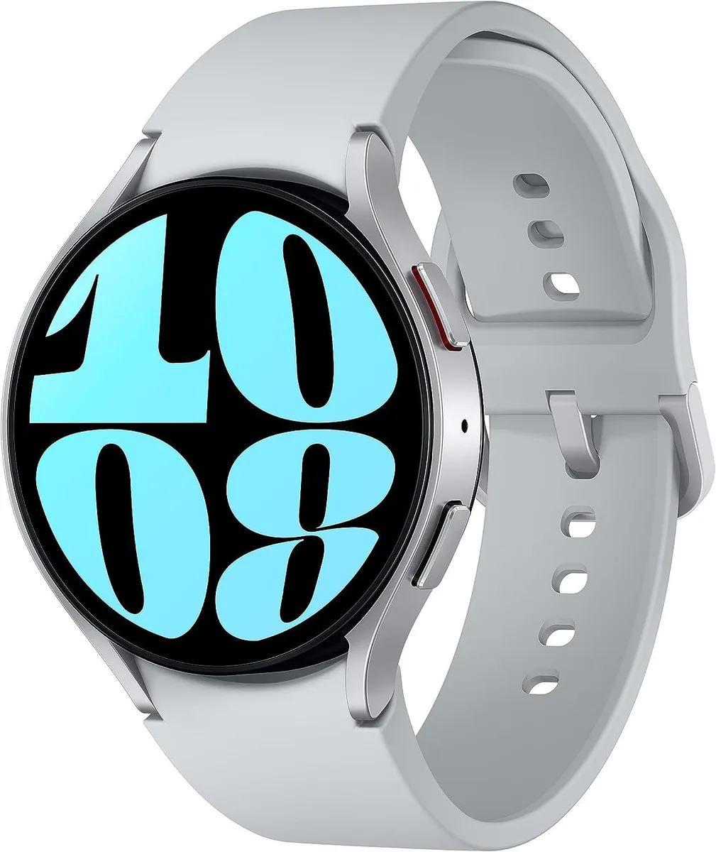 Silver 44mm LTE smartwatch on a matching metal bracelet