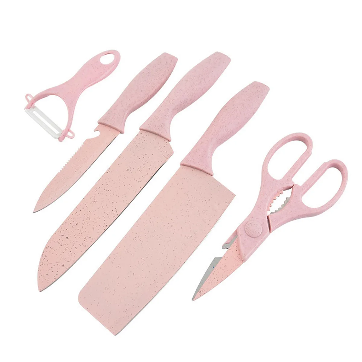 Pink kitchen knife set in a block with scissors peeler and multiple blades five count 7.1 inches