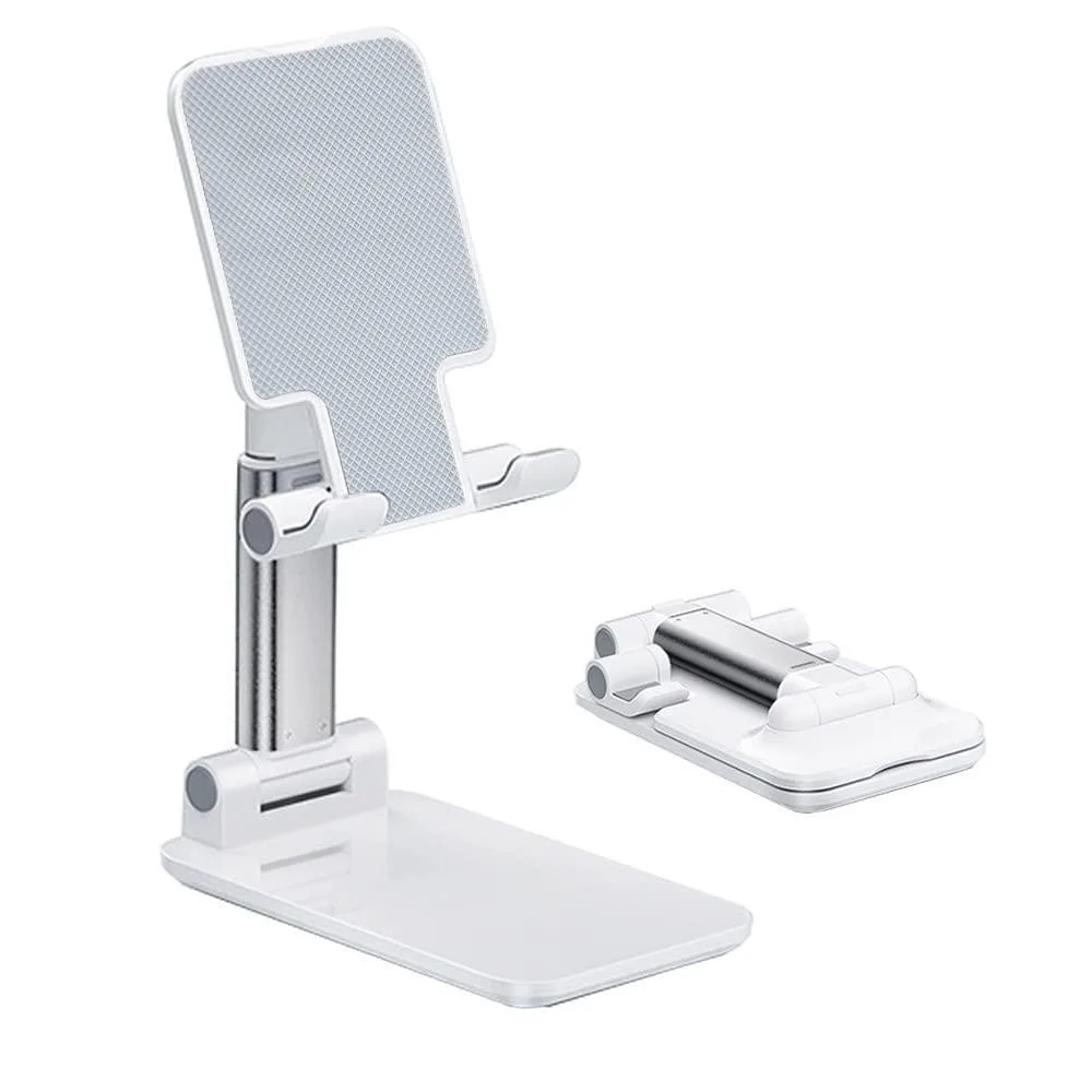 White foldable desk phone stand with adjustable arms and silicone pads
