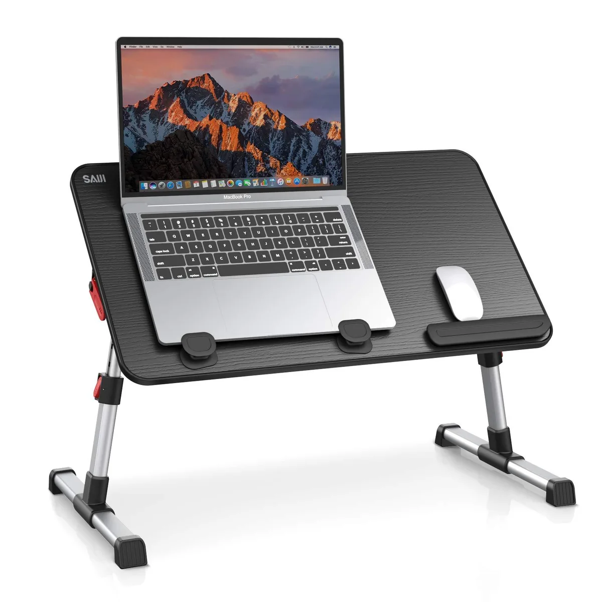 Black adjustable laptop desk with foldable legs, retractable stoppers and wrist rest, 22 by 13 inches
