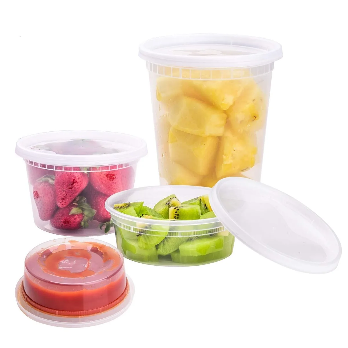 Red plastic deli containers with matching lids in three sizes, twenty-four sets total