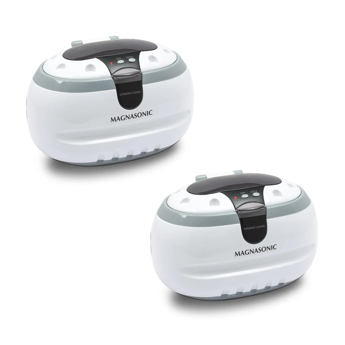 Two white ultrasonic cleaners with transparent lids and stainless steel tanks