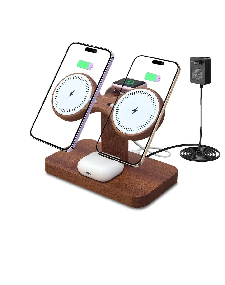 Wooden dual magnetic wireless charger stand for iPhone and AirPods