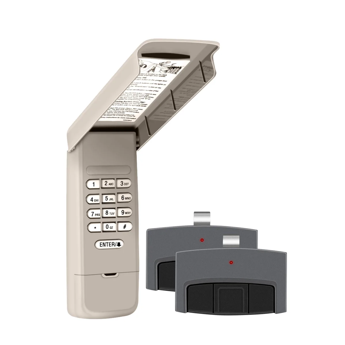 Wireless garage door keypad with numeric buttons and dark plastic housing