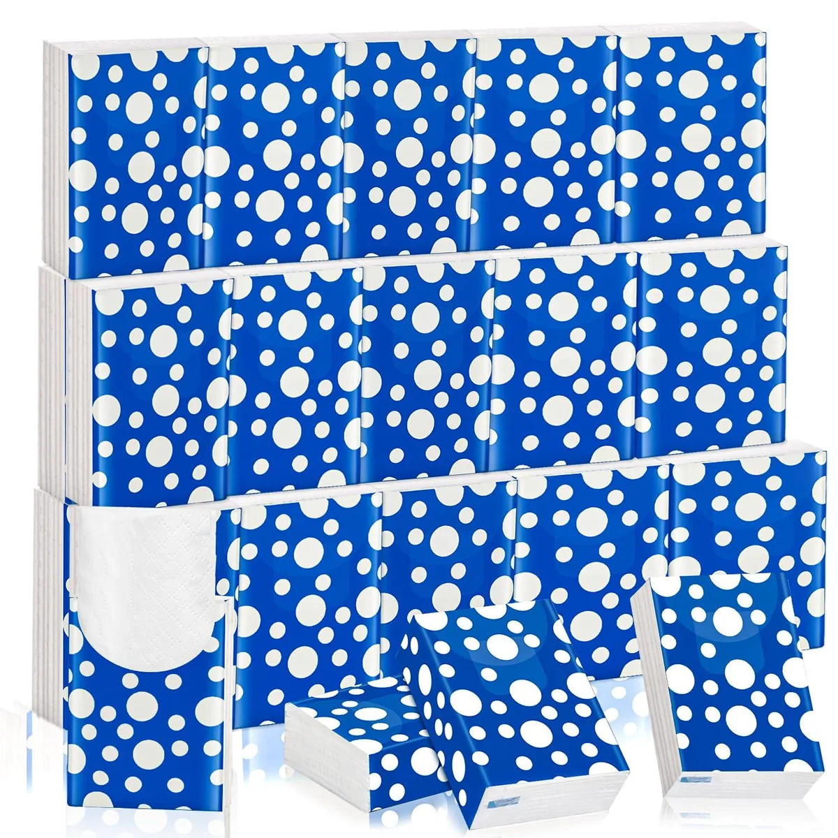 Twenty-five small blue tissue packs with polka-dot embossing, each resealable and pocket-sized