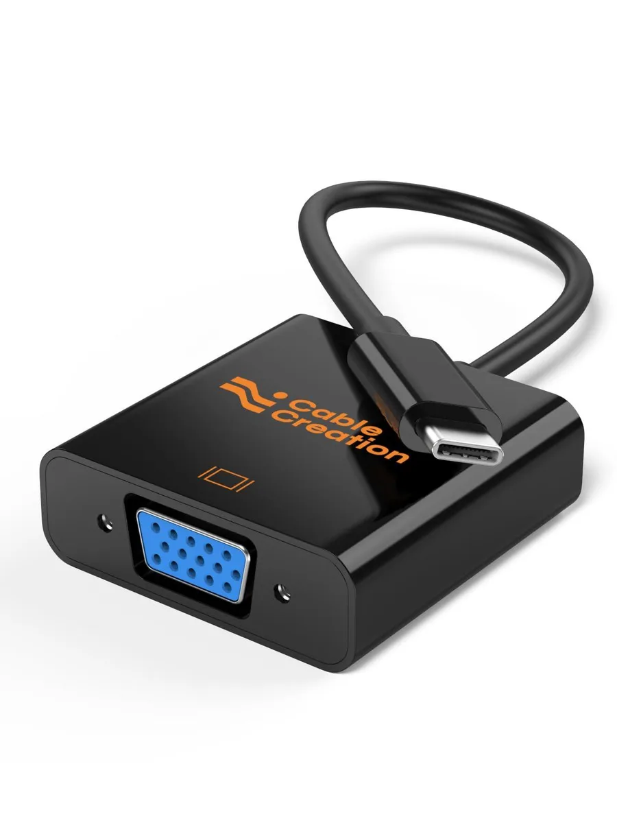 Black USB-C to VGA adapter, compact rectangular dongle with male USB-C plug and female VGA port