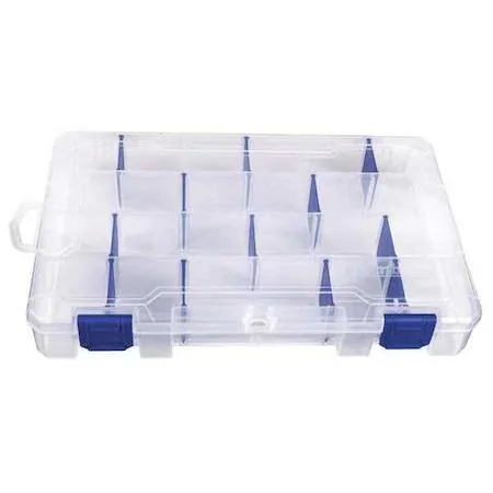 Translucent polypropylene compartment box with blue double latches and removable dividers
