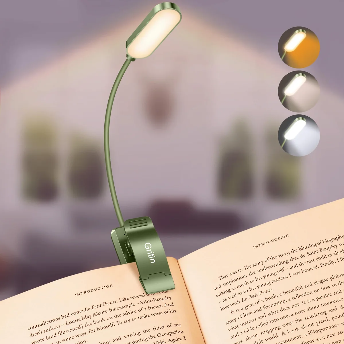 Dark green clip-on book light with flexible gooseneck and 16 LEDs
